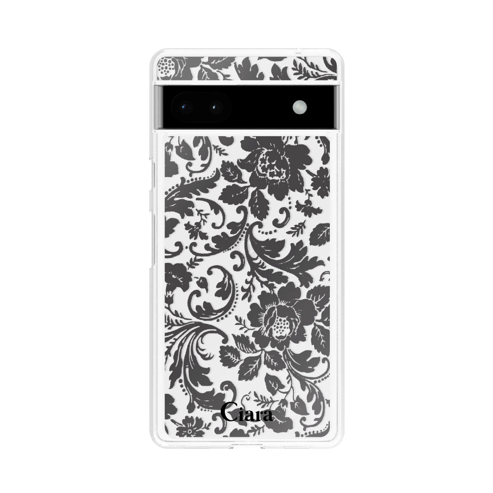 GooglePixel6a クリアケース ヴィンテージフラワー ブラック