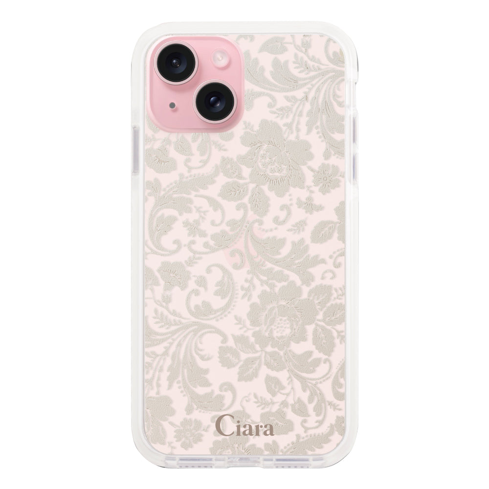 iPhone15 クッションバンパー 耐衝撃クリアケース ヴィンテージフラワー ピンク