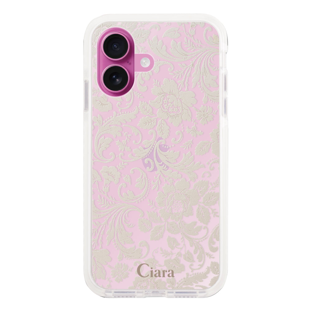 iPhone16Plus クッションバンパー 耐衝撃クリアケース ヴィンテージフラワー ピンク