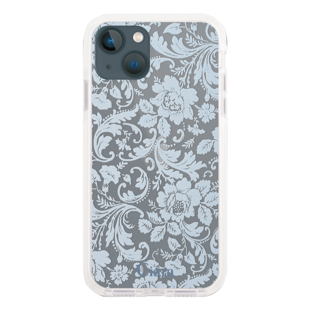iPhone13mini クッションバンパー 耐衝撃クリアケース ヴィンテージフラワー ブルー