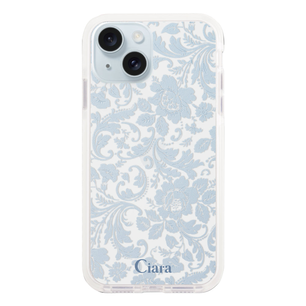 iPhone15Plus クッションバンパー 耐衝撃クリアケース ヴィンテージフラワー ブルー