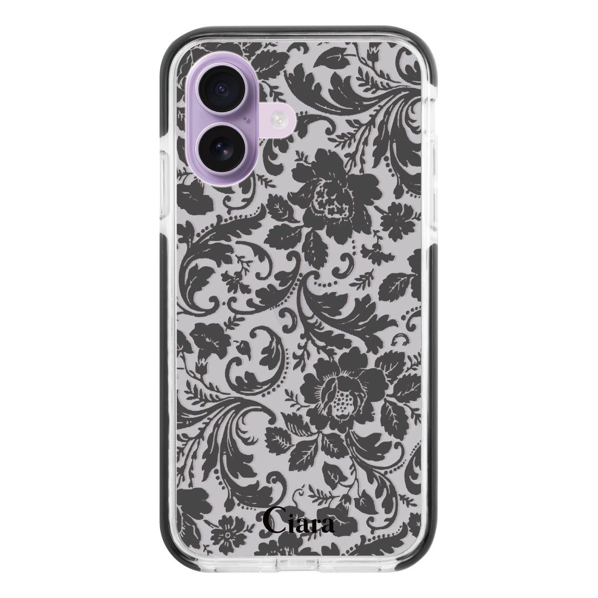 iPhone17 クッションバンパー 耐衝撃クリアケース ヴィンテージフラワー ブラック