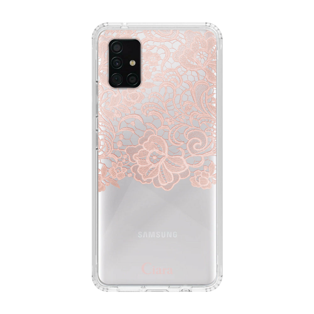 GalaxyA51ケース クリアケース ファブリックカラーレース ピンク