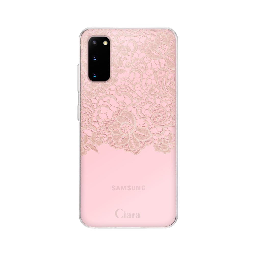 GalaxyS20ケース クリアケース ファブリックカラーレース ピンク