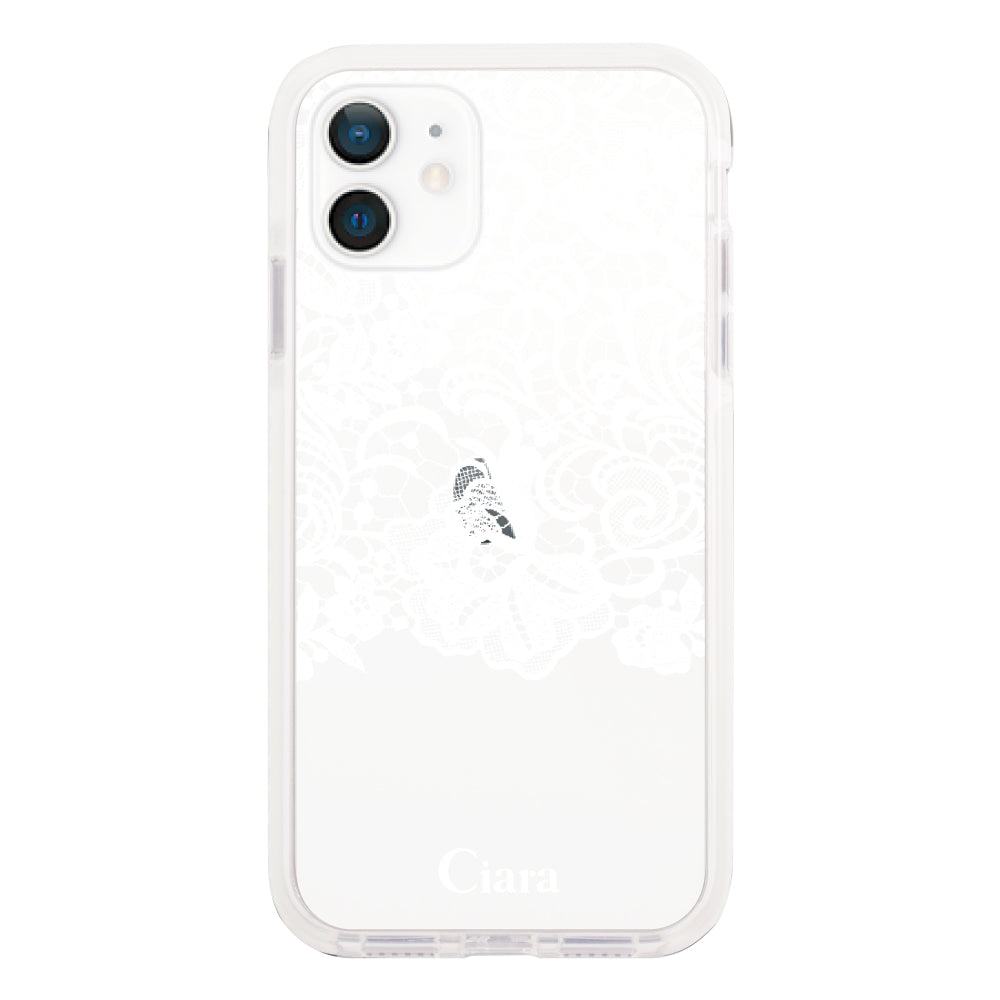 iPhone12mini クッションバンパー 耐衝撃クリアケース ファブリックカラーレース ホワイト