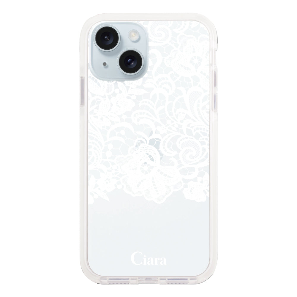 iPhone15Plus クッションバンパー 耐衝撃クリアケース ファブリックカラーレース ホワイト