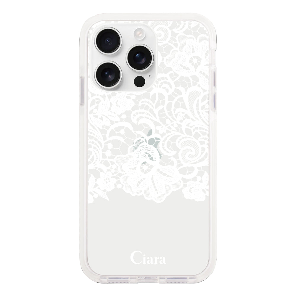 iPhone16ProMax クッションバンパー 耐衝撃クリアケース ファブリックカラーレース ホワイト