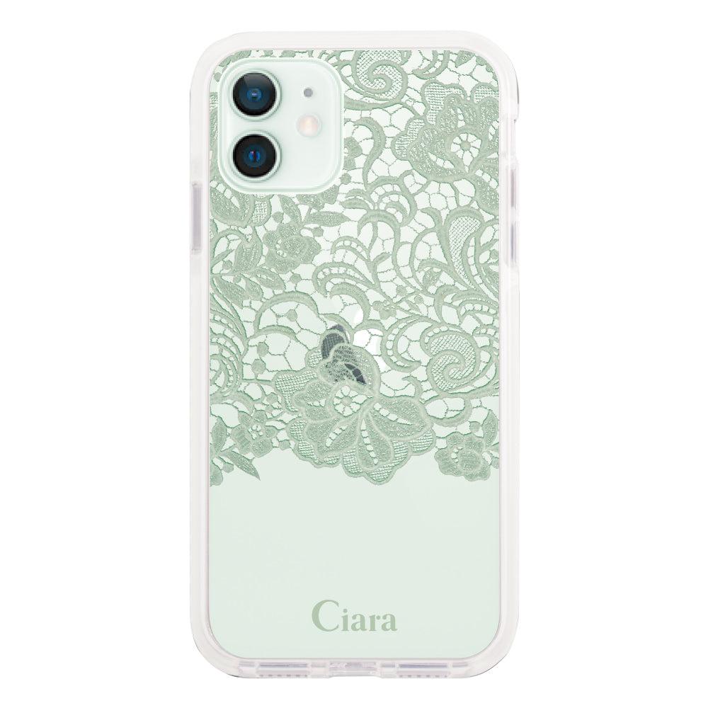 iPhone12mini クッションバンパー 耐衝撃クリアケース ファブリックカラーレース グリーン