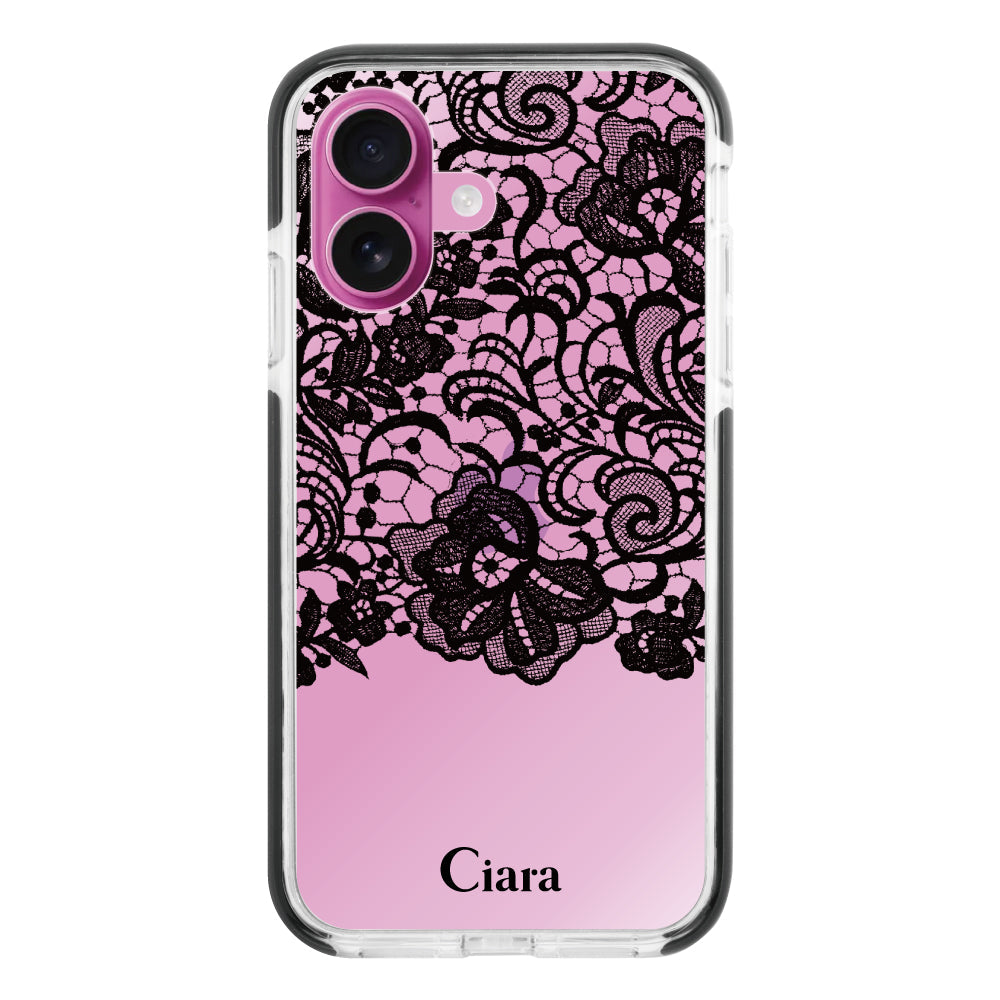 iPhone16Plusケース クッションバンパー 耐衝撃クリアケース ファブリックカラーレース ブラック