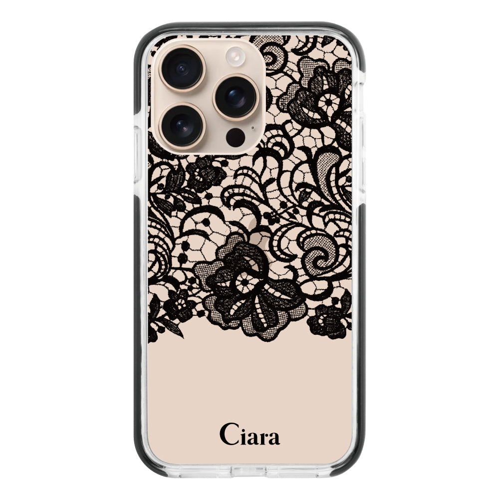 iPhone16Proケース クッションバンパー 耐衝撃クリアケース ファブリックカラーレース ブラック