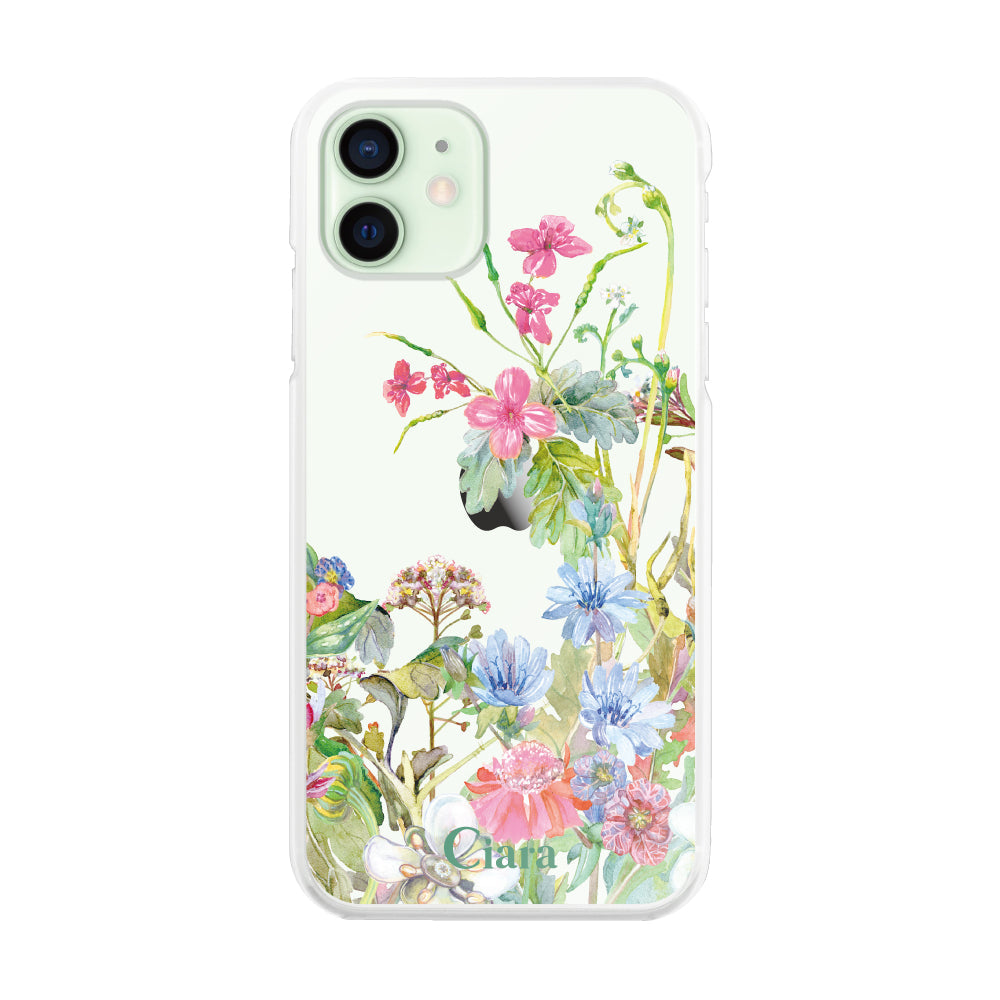 iPhone12mini ハイブリッド クリアケース ボタニカルフラワー ピンク