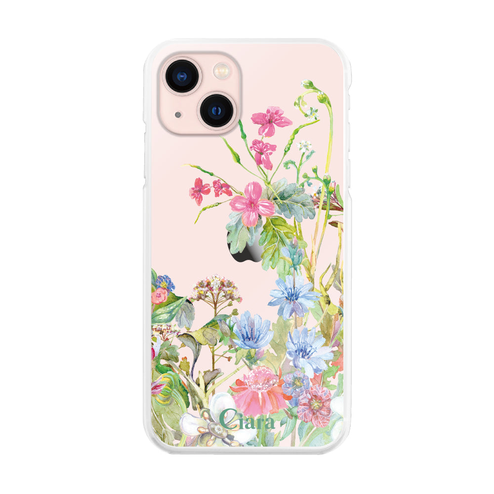 iPhone13 ハイブリッド クリアケース ボタニカルフラワー ピンク