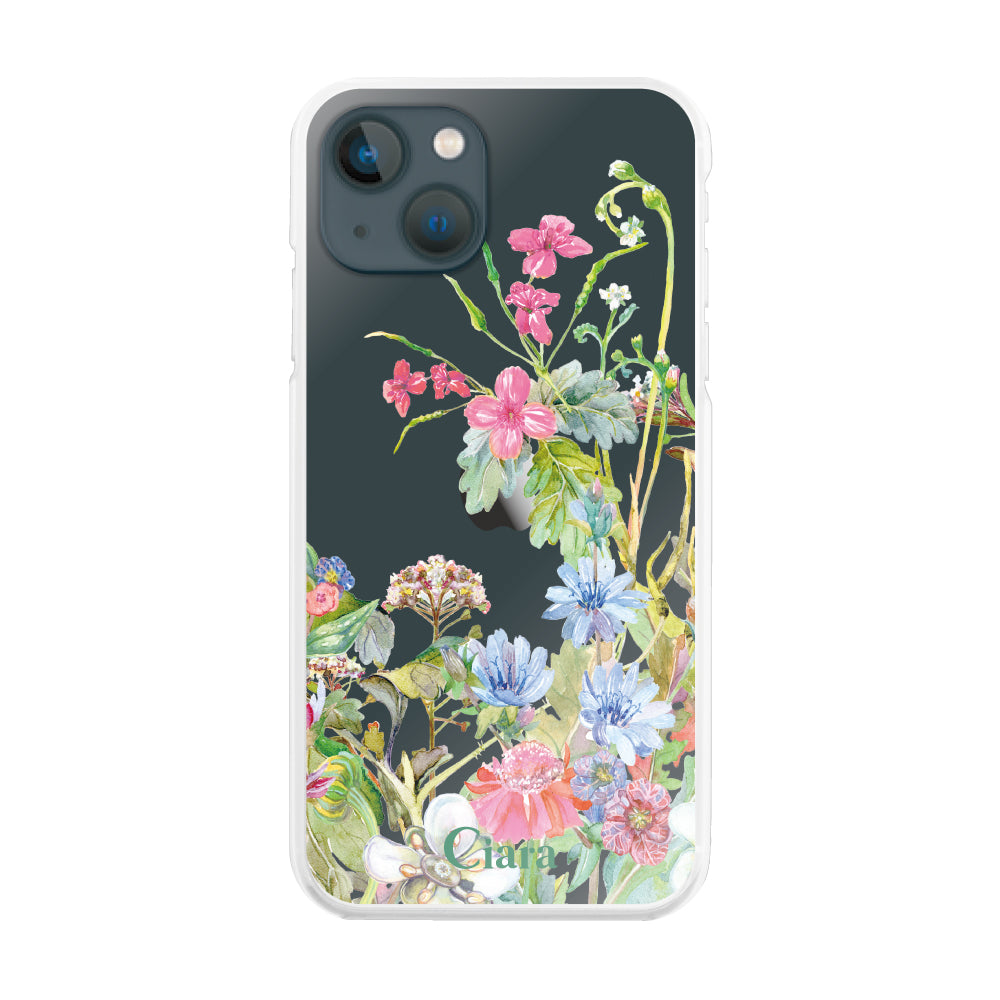 iPhone13mini ハイブリッド クリアケース ボタニカルフラワー ピンク