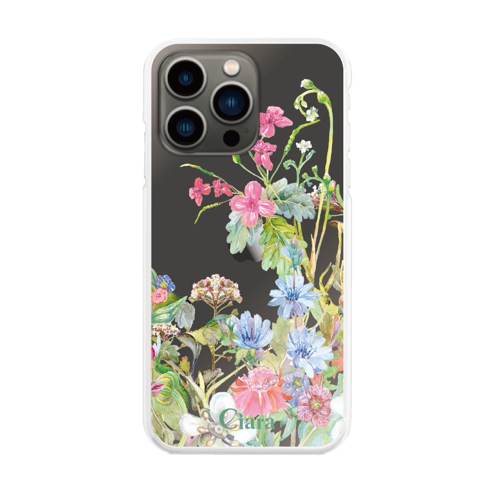 iPhone13Pro ハイブリッド クリアケース ボタニカルフラワー ピンク