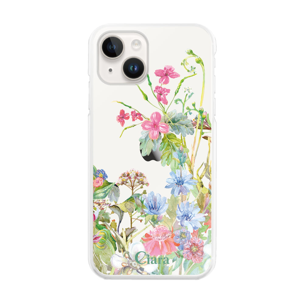 iPhone14 ハイブリッド クリアケース ボタニカルフラワー ピンク