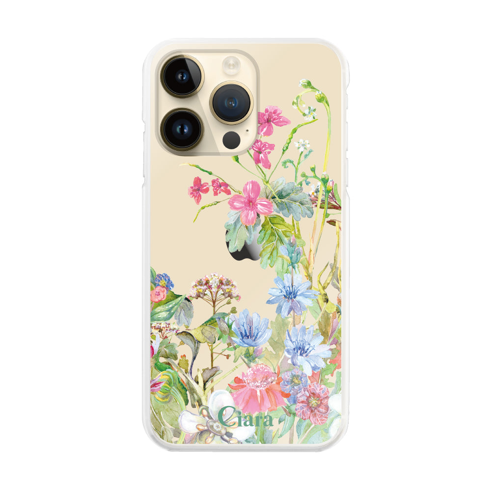 iPhone14Pro ハイブリッド クリアケース ボタニカルフラワー ピンク