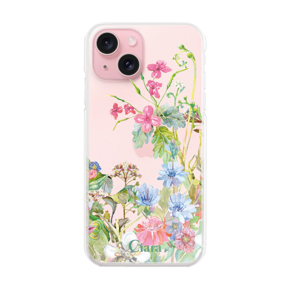 iPhone15 ハイブリッド クリアケース ボタニカルフラワー ピンク