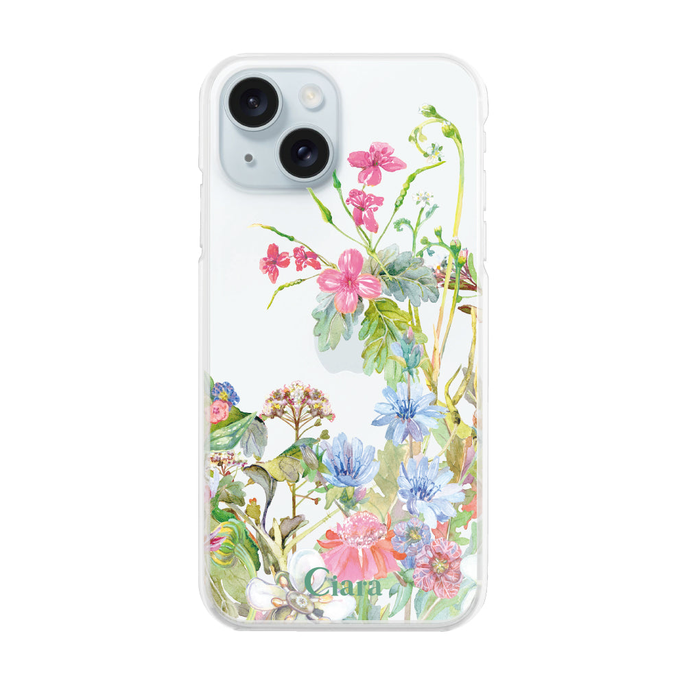 iPhone15Plus ハイブリッド クリアケース ボタニカルフラワー ピンク