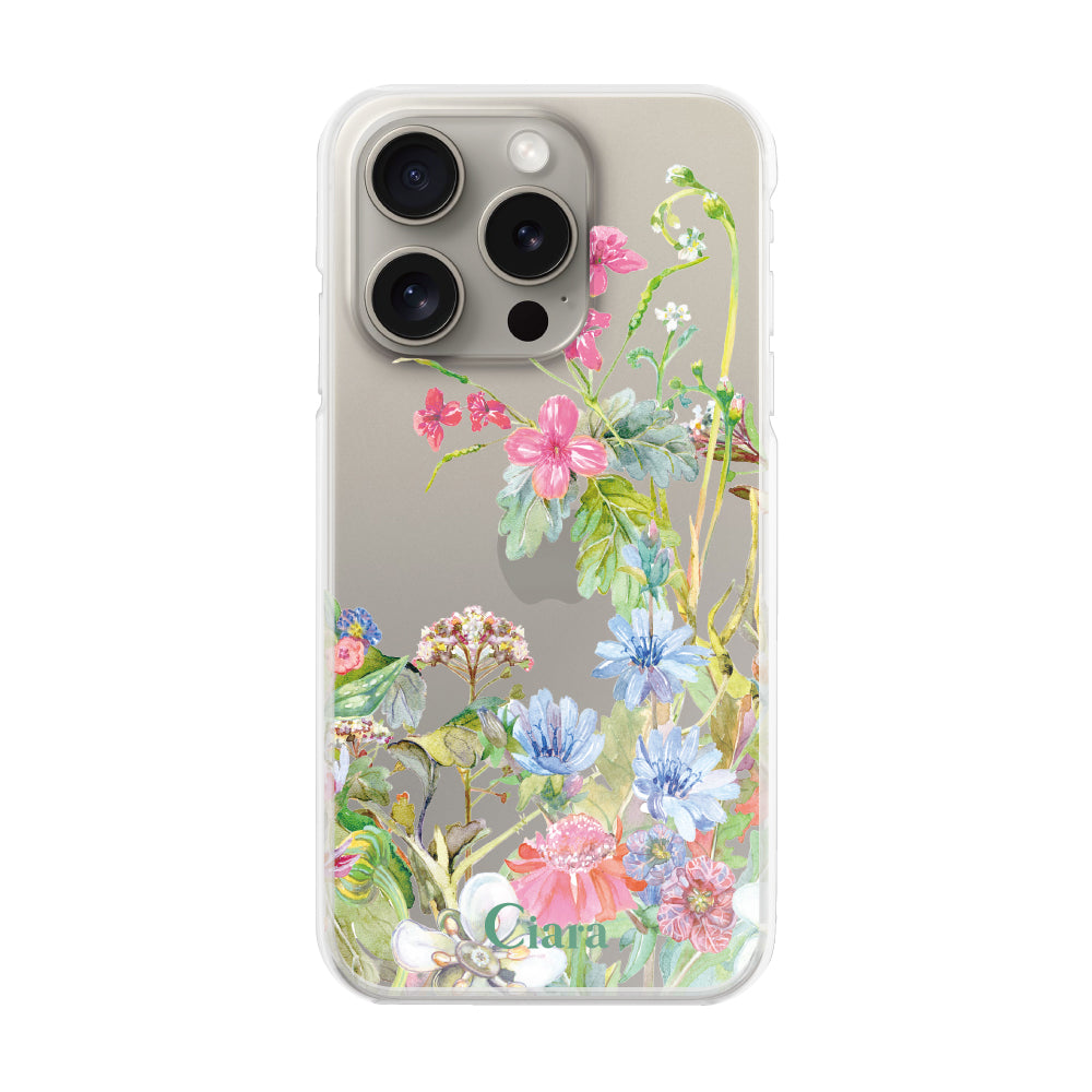 iPhone15Pro ハイブリッド クリアケース ボタニカルフラワー ピンク