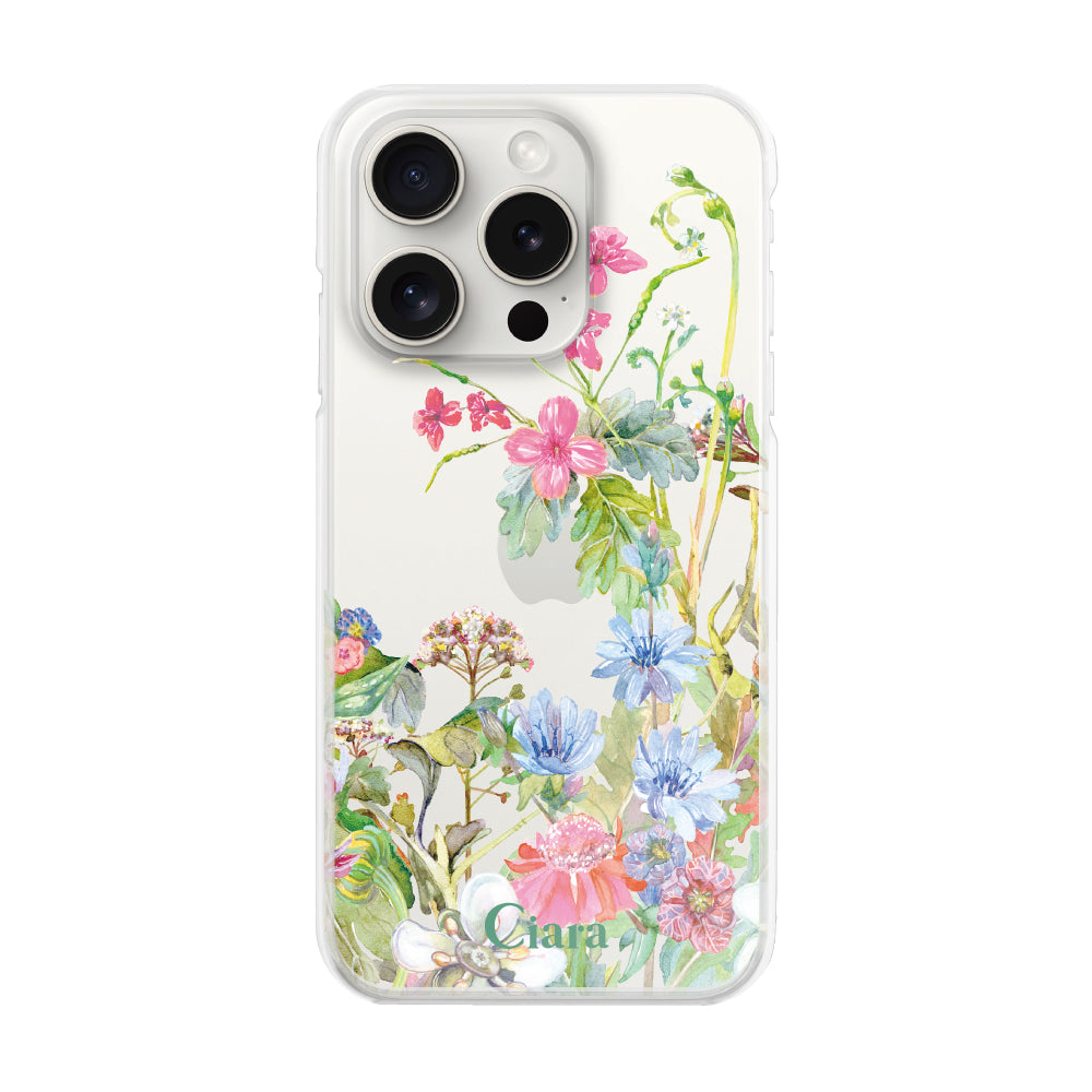iPhone15ProMax ハイブリッド クリアケース ボタニカルフラワー ピンク