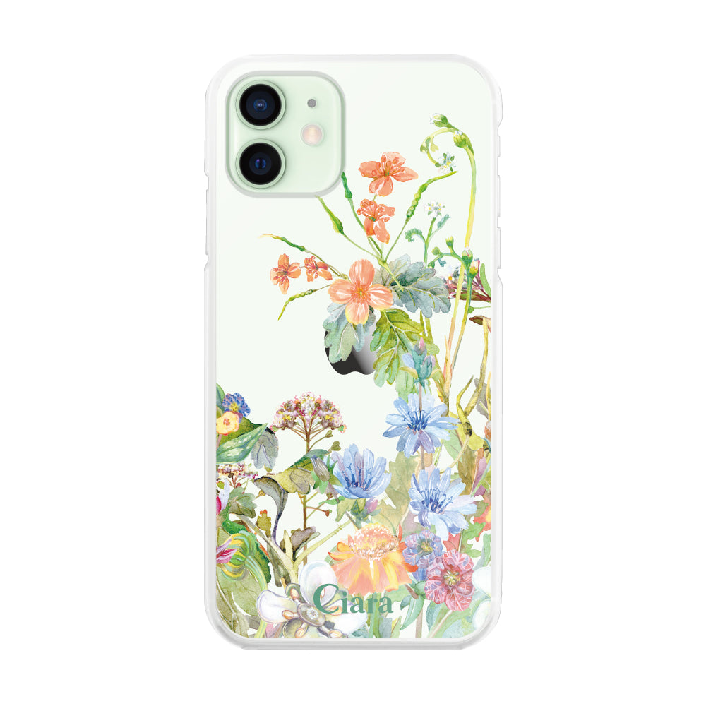 iPhone12mini ハイブリッド クリアケース ボタニカルフラワー オレンジ