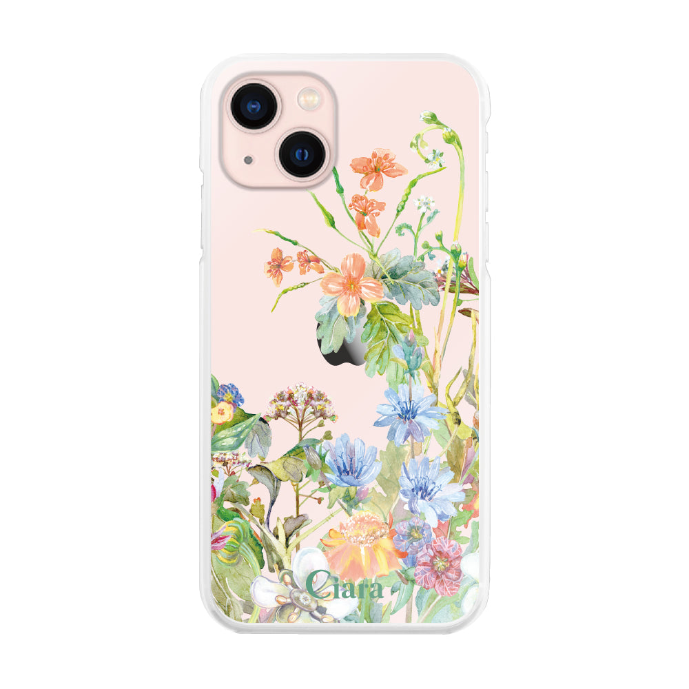 iPhone13 ハイブリッド クリアケース ボタニカルフラワー オレンジ