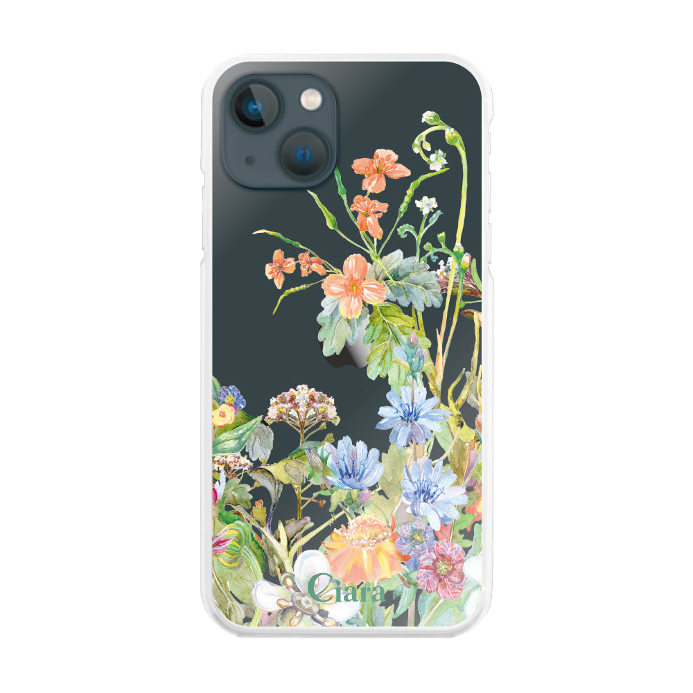 iPhone13mini ハイブリッド クリアケース ボタニカルフラワー オレンジ