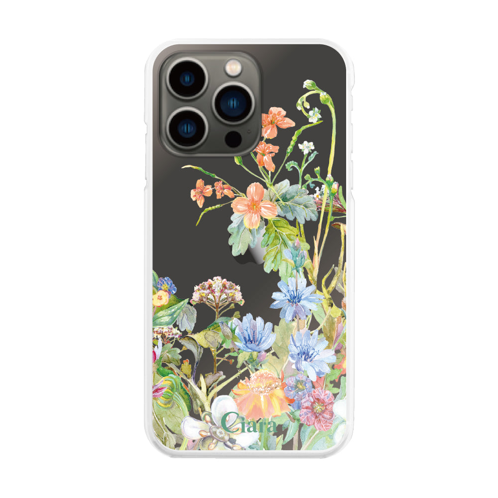 iPhone13Pro ハイブリッド クリアケース ボタニカルフラワー オレンジ