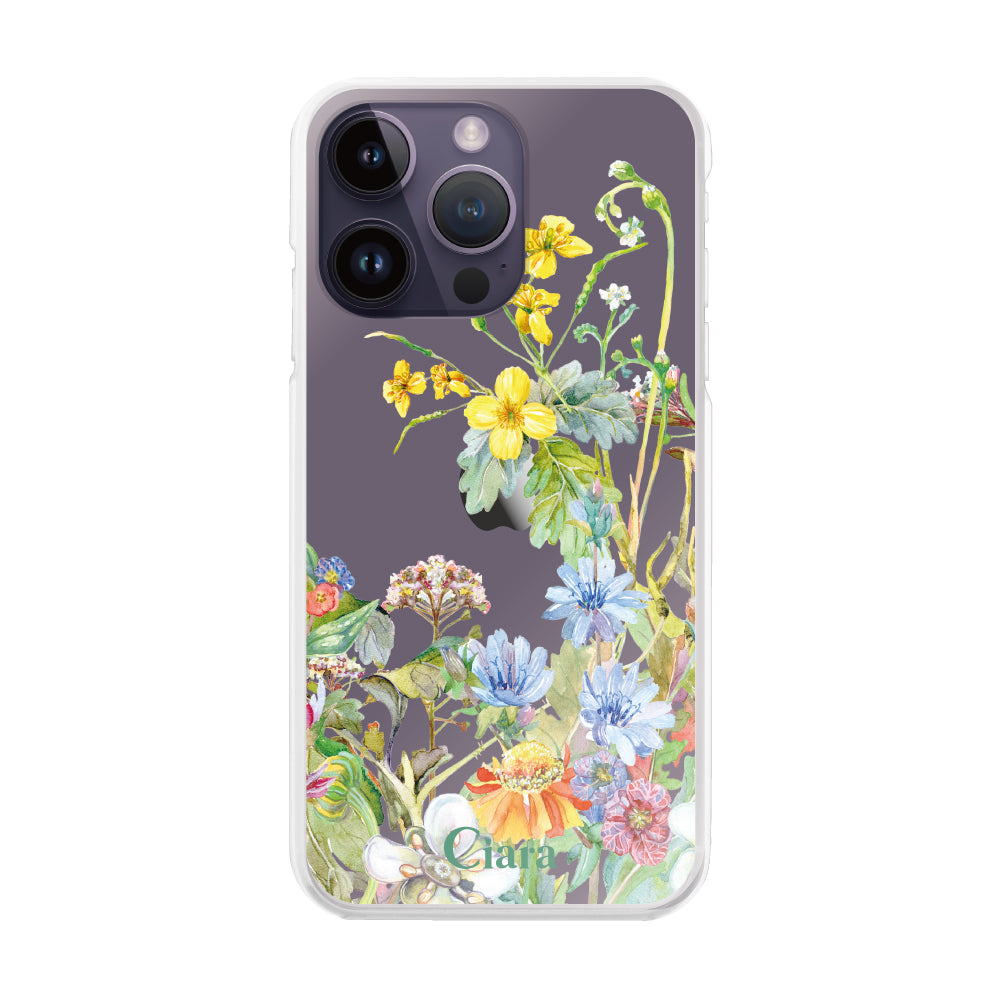 iPhone14ProMax ハイブリッド クリアケース ボタニカルフラワー オレンジ