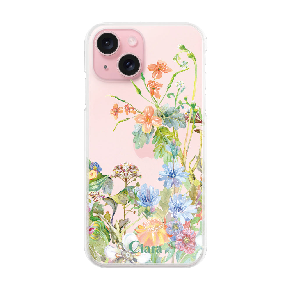 iPhone15 ハイブリッド クリアケース ボタニカルフラワー オレンジ