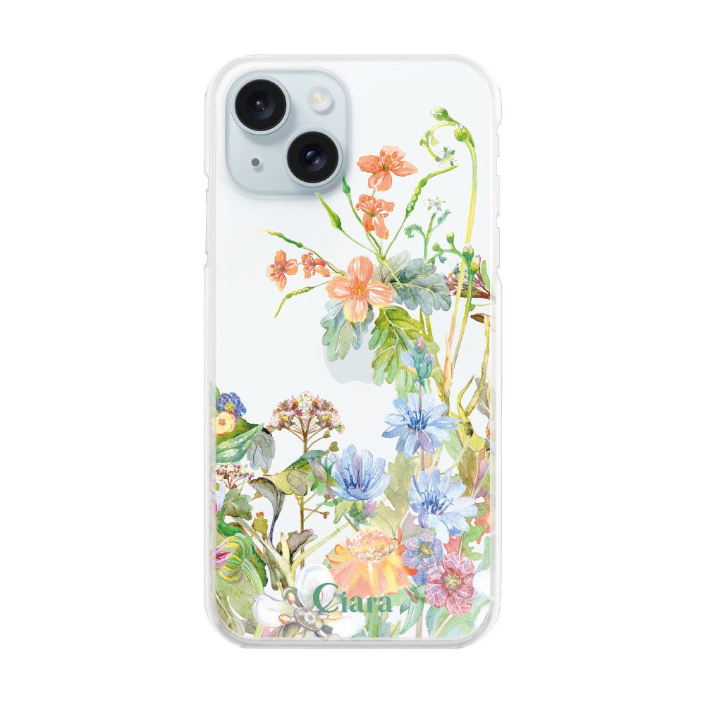 iPhone15Plus ハイブリッド クリアケース ボタニカルフラワー オレンジ