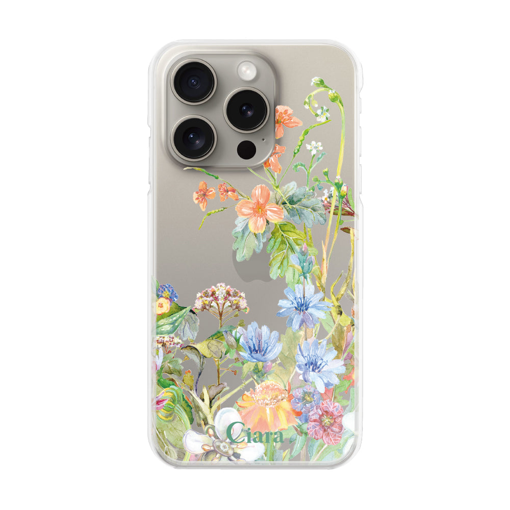iPhone15Pro ハイブリッド クリアケース ボタニカルフラワー オレンジ