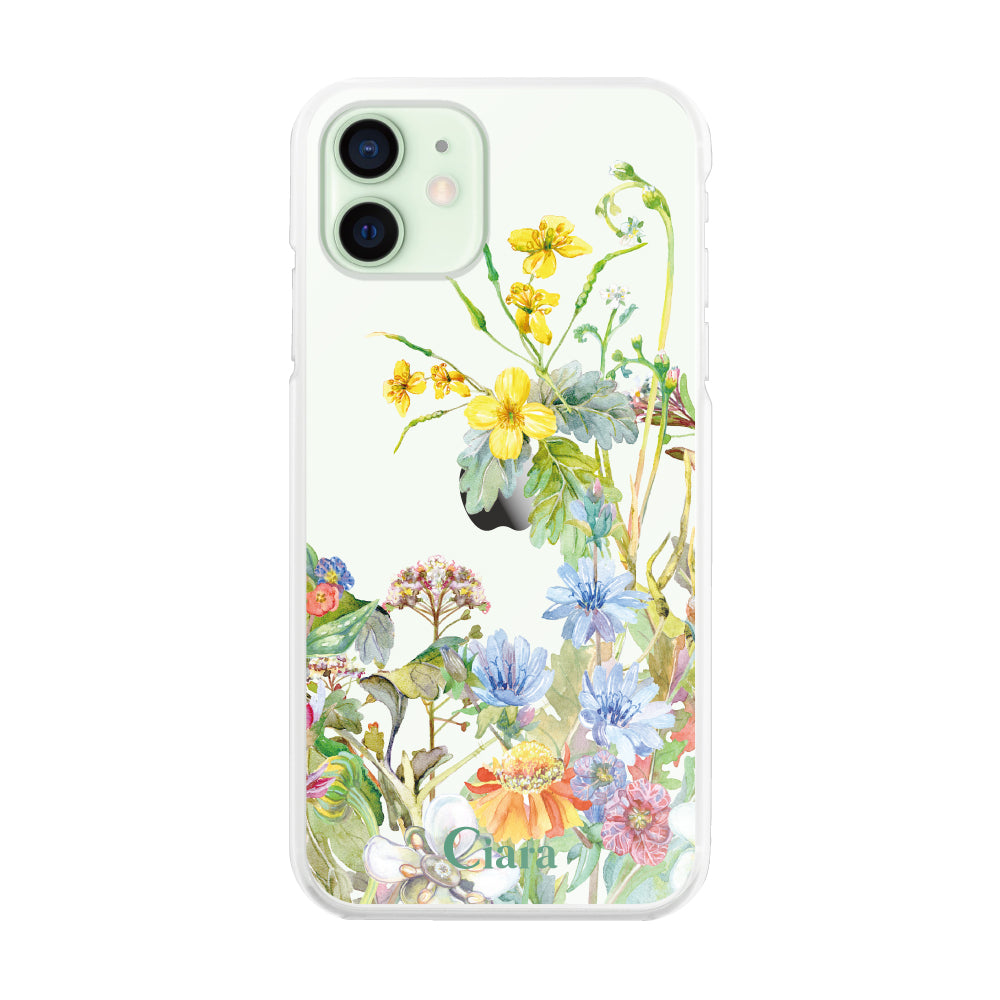 iPhone12mini ハイブリッド クリアケース ボタニカルフラワー イエロー
