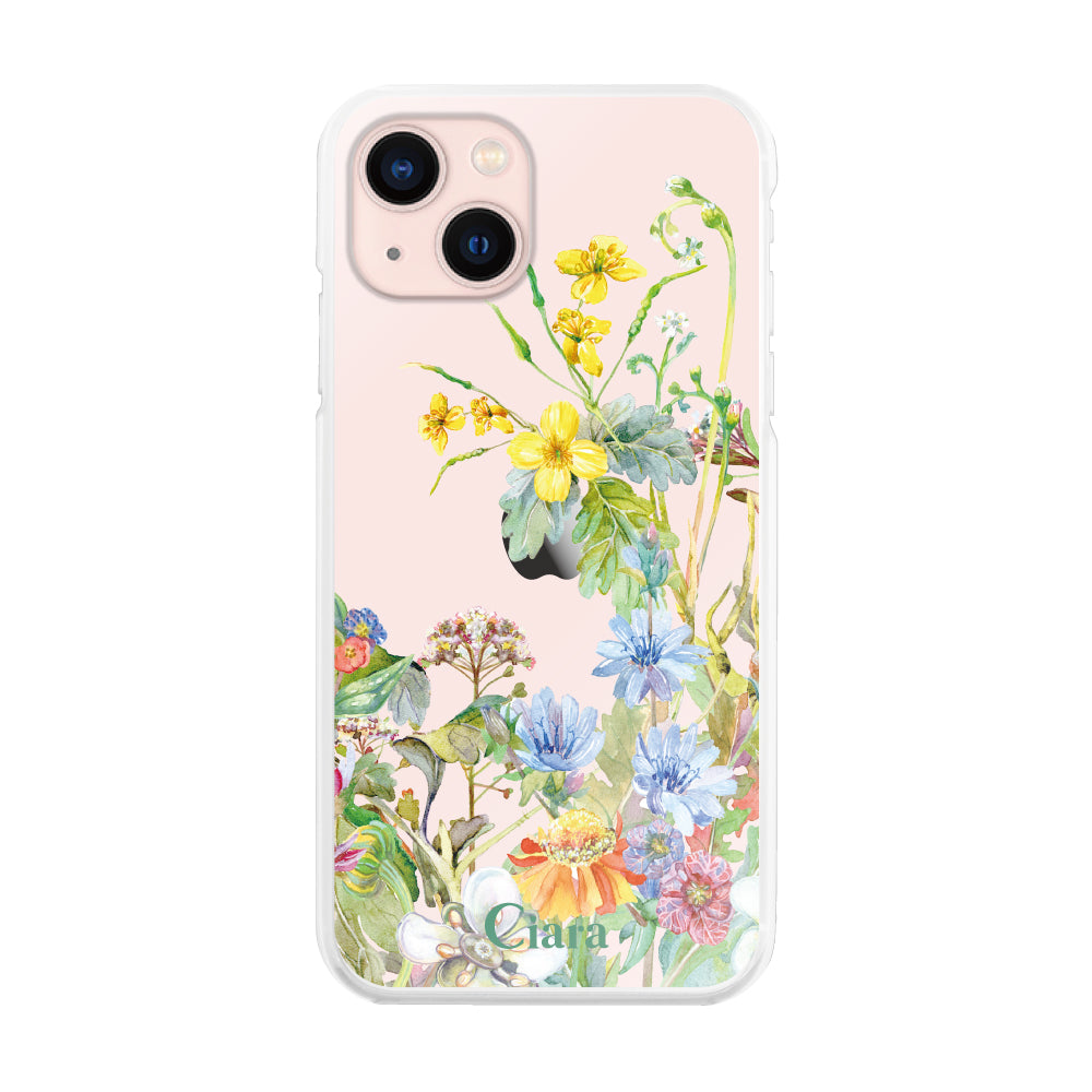 iPhone13 ハイブリッド クリアケース ボタニカルフラワー イエロー