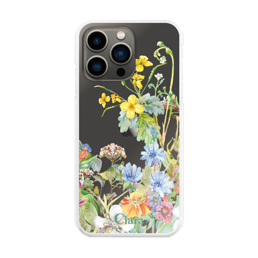 iPhone13Pro ハイブリッド クリアケース ボタニカルフラワー イエロー