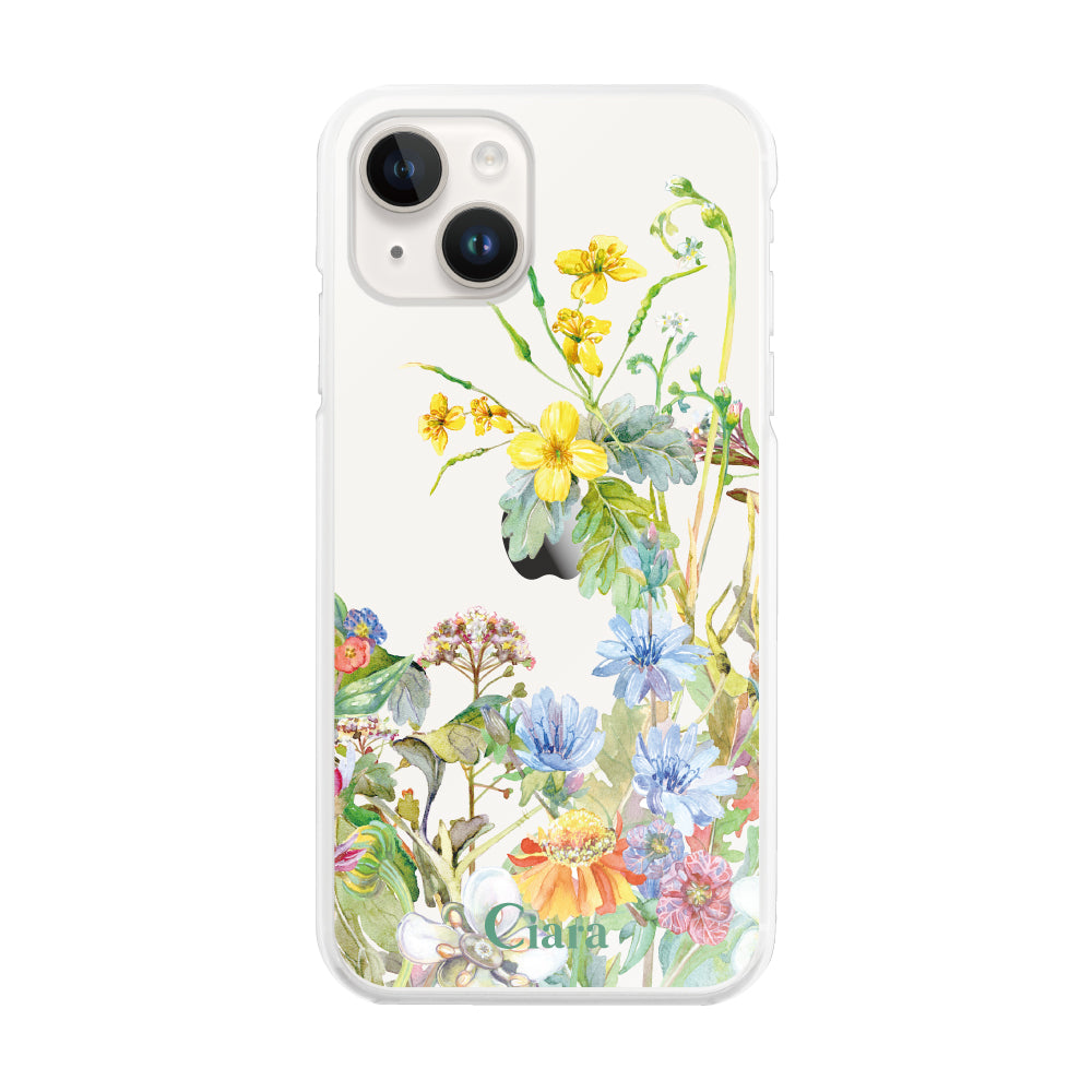 iPhone14 ハイブリッド クリアケース ボタニカルフラワー イエロー