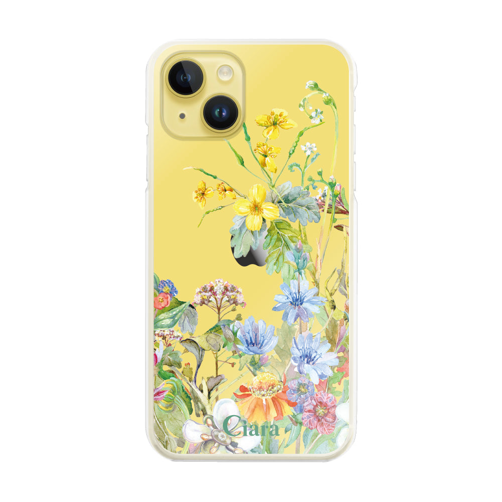 iPhone14Plus ハイブリッド クリアケース ボタニカルフラワー イエロー