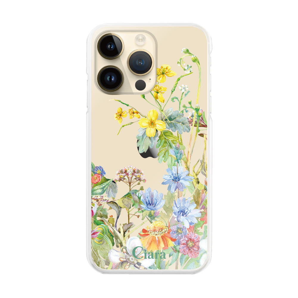 iPhone14Pro ハイブリッド クリアケース ボタニカルフラワー イエロー