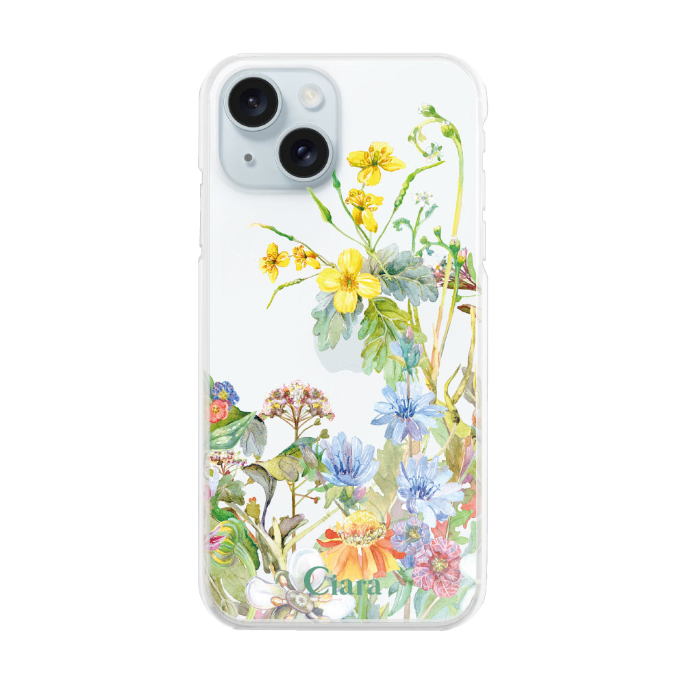 iPhone15Plus ハイブリッド クリアケース ボタニカルフラワー イエロー