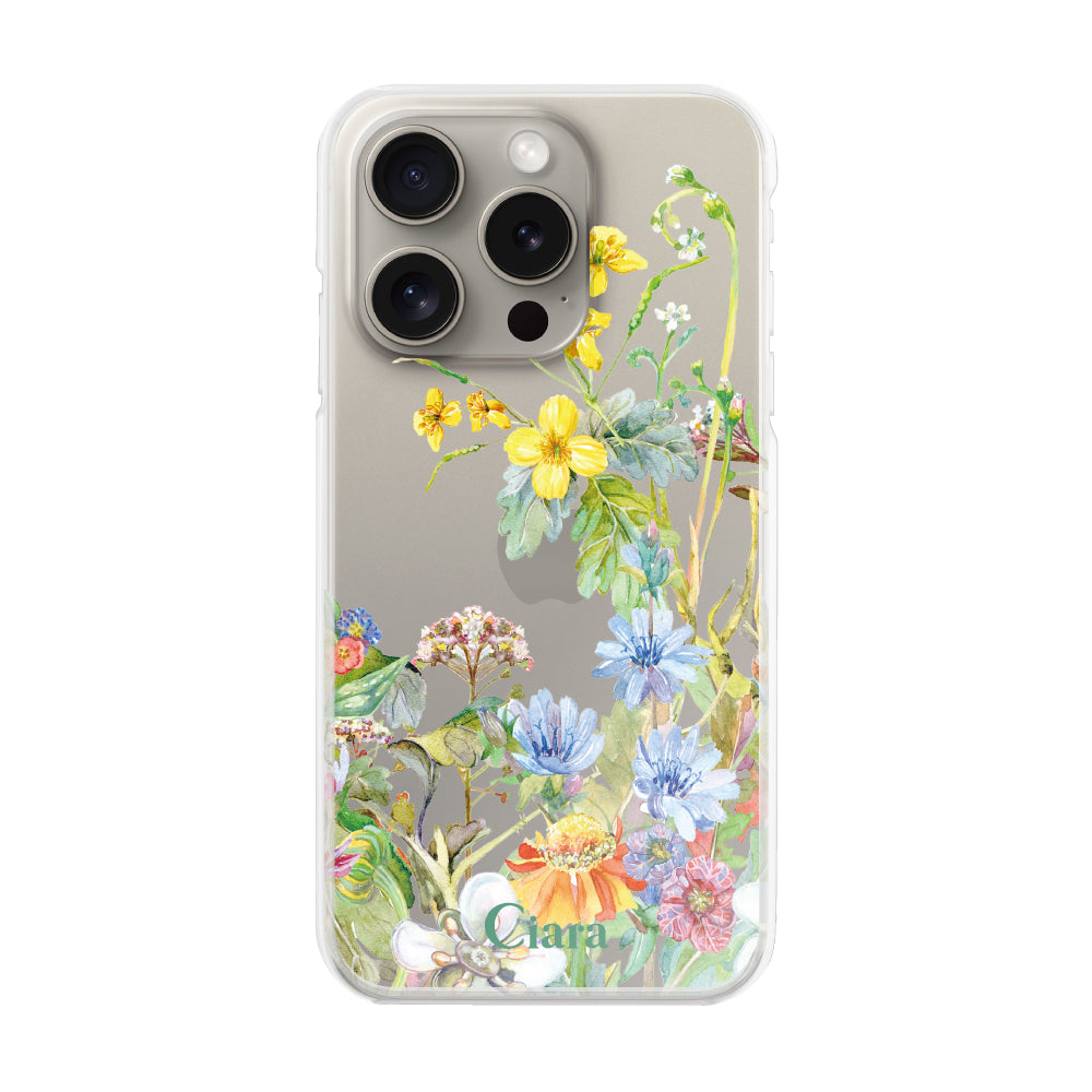 iPhone15Pro ハイブリッド クリアケース ボタニカルフラワー イエロー