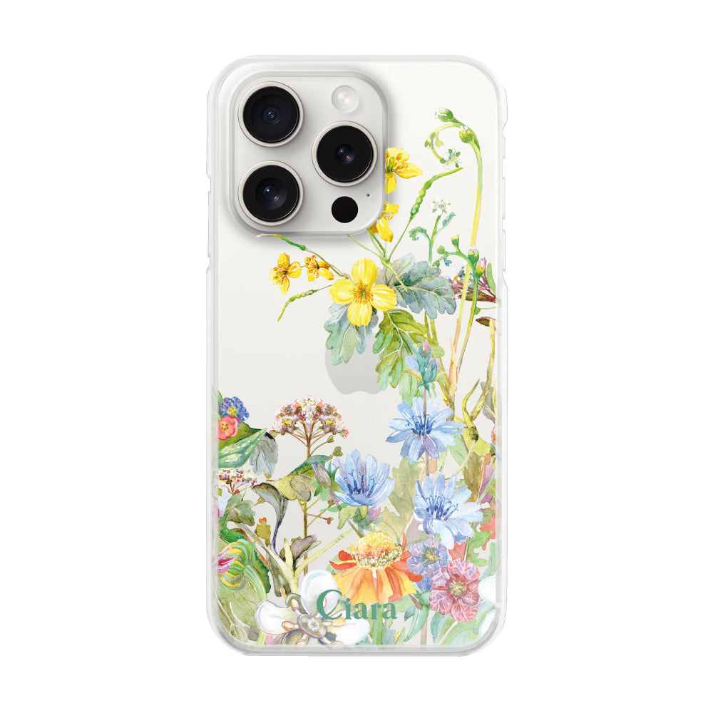 iPhone15ProMax ハイブリッド クリアケース ボタニカルフラワー イエロー