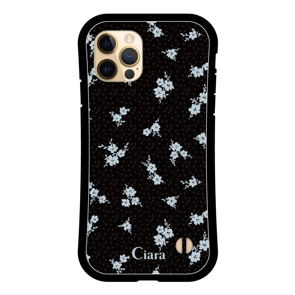 iPhone11ProMaxケース グリップ 耐衝撃ケース ドットフラワー ブラック