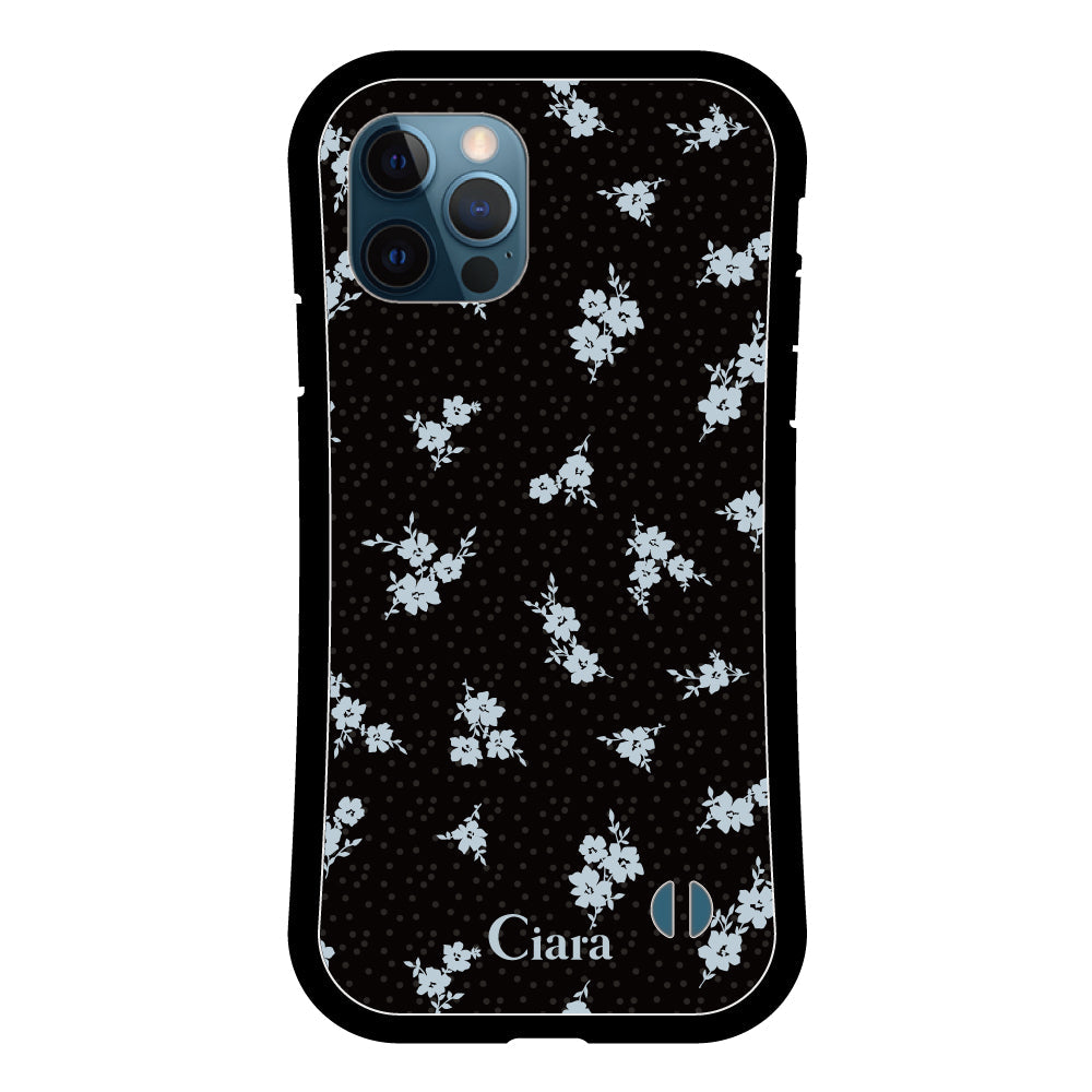 iPhone12ProMaxケース グリップ 耐衝撃ケース ドットフラワー ブラック