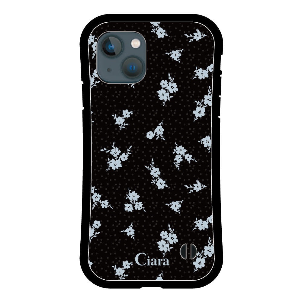 iPhone13miniケース グリップ 耐衝撃ケース ドットフラワー ブラック