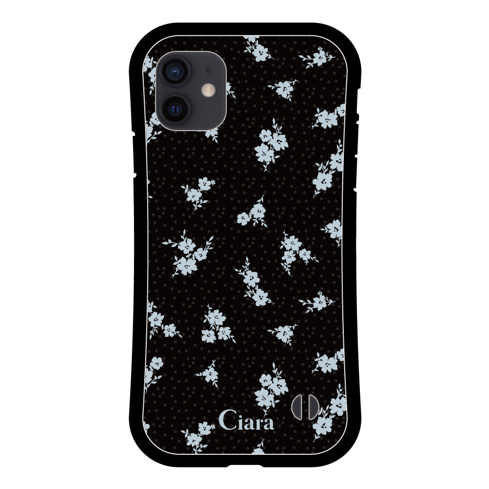 iPhoneXRケース グリップ 耐衝撃ケース ドットフラワー ブラック
