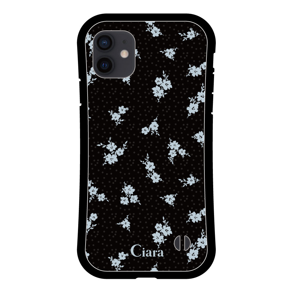 iPhoneXR グリップ 耐衝撃ケース ドットフラワー ブラック