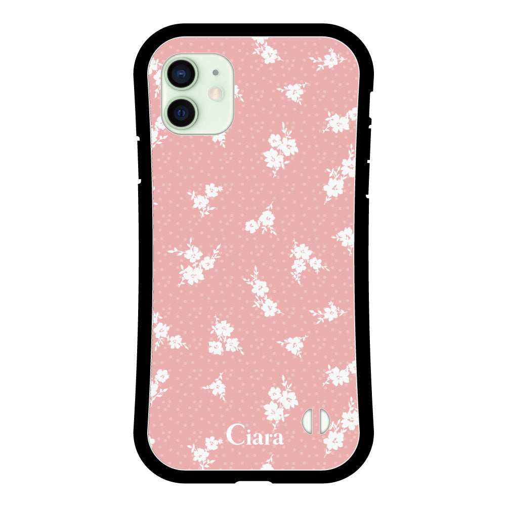iPhone12miniケース グリップ 耐衝撃ケース ドットフラワー ピンク