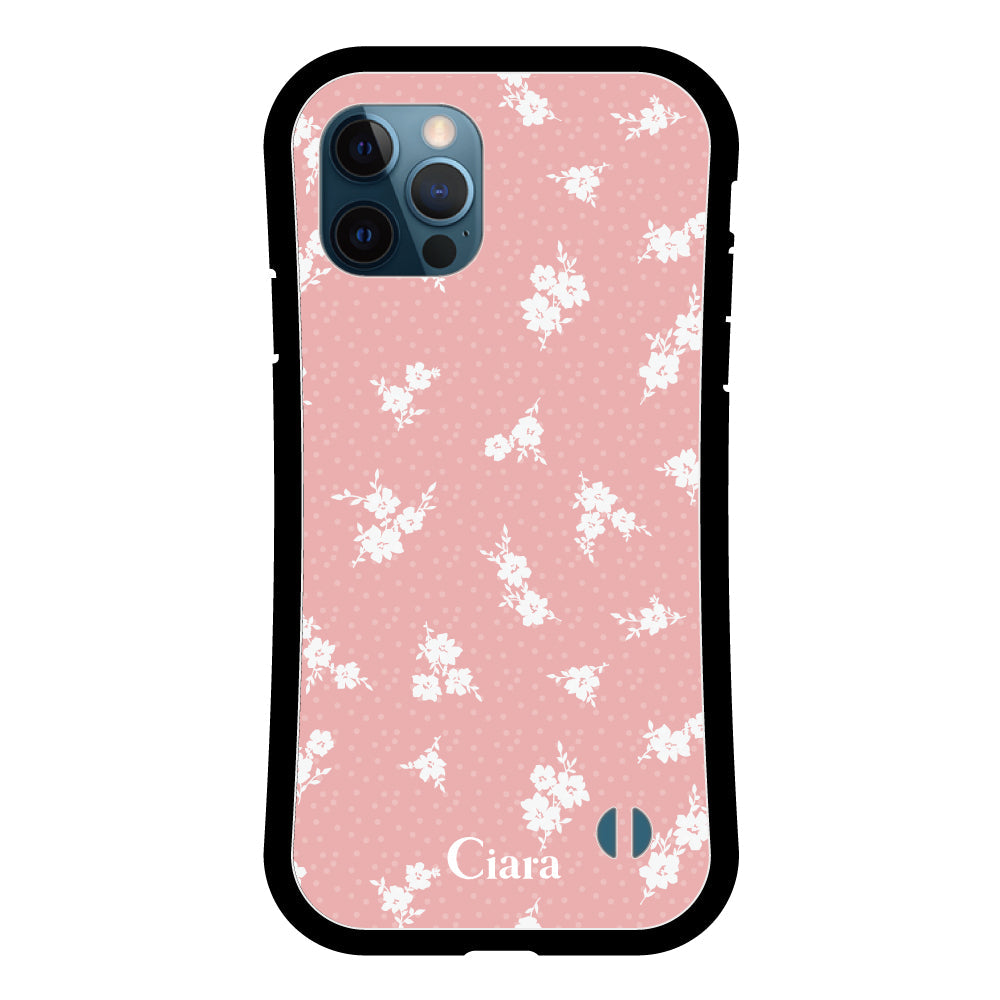 iPhone12ProMaxケース グリップ 耐衝撃ケース ドットフラワー ピンク