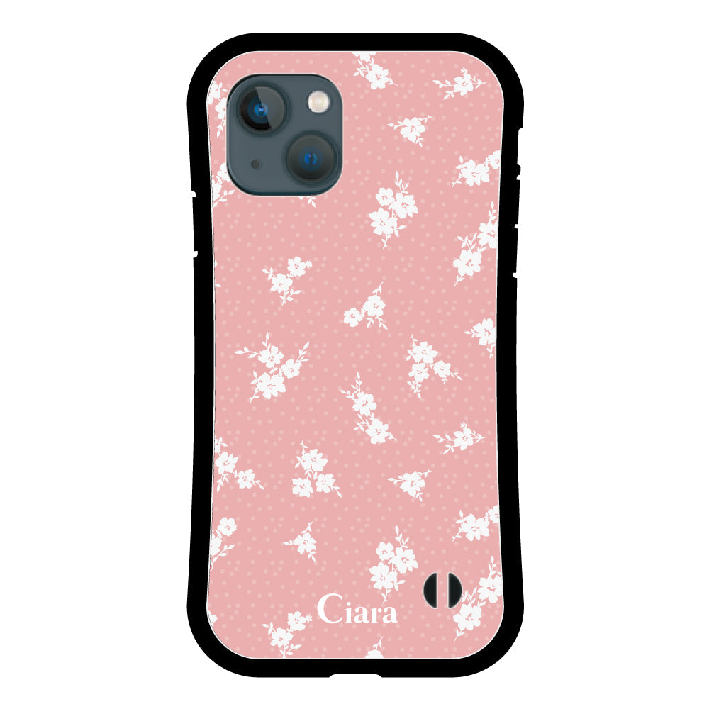iPhone13miniケース グリップ 耐衝撃ケース ドットフラワー ピンク