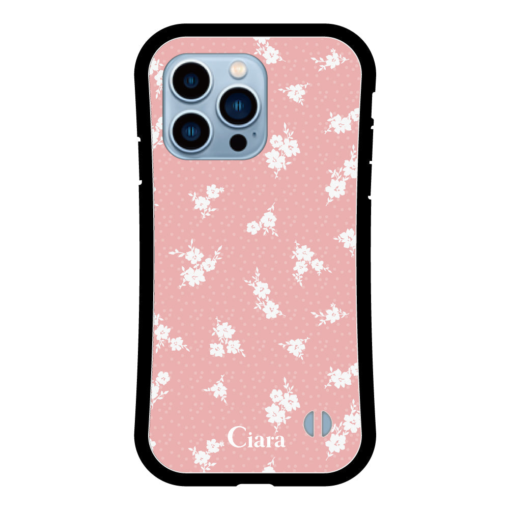 iPhone13ProMaxケース グリップ 耐衝撃ケース ドットフラワー ピンク